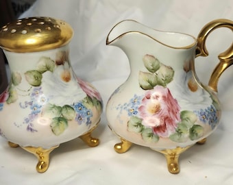 Antique, Sugar shaker, Creamer, set, muffineer, artist signed, missing cork,1880-1930s, gilding, hand painted, floral with white, pink, blue