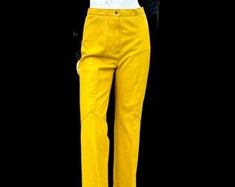 Vintage 70s bell bottom yellow leather pants nappa leather soft pants size 28 X 31