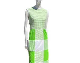 Vintage 60-70's KAY WINDSOR green checkered novelty print dress color block skirt sleeveless polyester dress