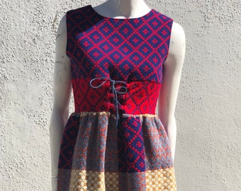 Vintage 70's color pattern block knitted dress size 8 short mini vegan hippie dress