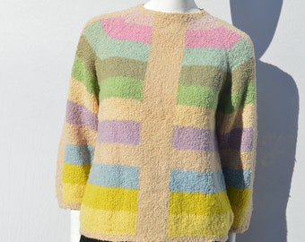 Vintage 60&#39;s ILARIA Hand Knitted sweater Italian made MOD space color block stripes cropped chic size M by thekaliman