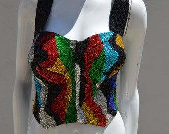 Vintage 80-90's hand beaded hand made bustier size M/L never used Halter beaded SELENA Top in rainbow sequins and beads party fun sexy