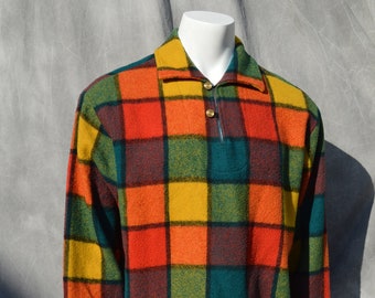 Vintage 50-60's PENNY'S sports outwear men's plaid wool shirt jacket V neck pointy hem front and back size Large big color squares unisex