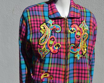 Vintage 80's IBE plaid neon embroidered bolero jacket short cropped new age baroque size 6 oversized