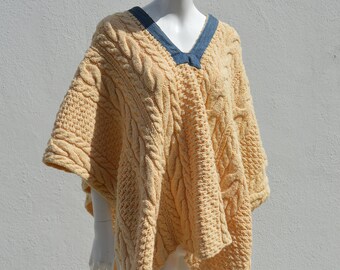 Vintage Cable Knit PONCHO home made one of the kind poncho denim collar and cable knit sweater material one size by thekaliman