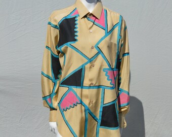 Vintage 70's HAND PAINTED BOWMAN silk shirt size M one of the kind artwork in shirt abstract art to wear by thekaliman