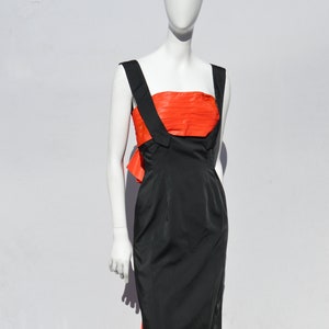 Vintage 1950s Wiggle Dress 50s Black Satin Cocktail Dress with Orange Sharkskin Bust by Jack Kopp Size M 27 Waist