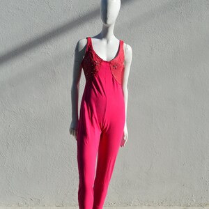 Vintage 80&#39;s FIRENZE leather and Lycra blend studded top PINK JUMPSUIT romper  size 8 hot and sexy catsuit new wave big hair burning man