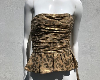 Vintage 80s LINA LEE hand painted animal print sude leather tube top blouse size 6 sexy flirty peplum pleated hand made