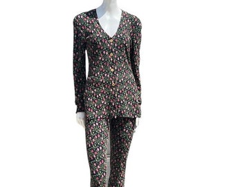 Vintage 90's TODD OLDHAM bodycon embroidered floral pantsuit Lycra Rayon mix pedal pusher pants long jacket size Small