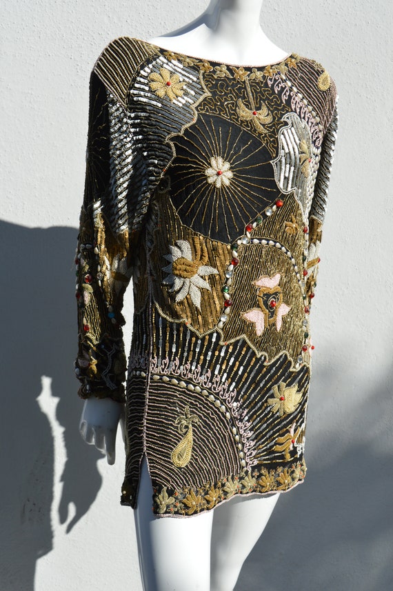 Vintage 80's Mini dress all beaded embroidered he… - image 3