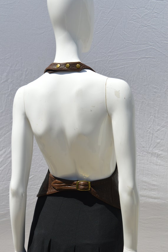 Vintage 80's LEATHER top blouse sexy backless ves… - image 6