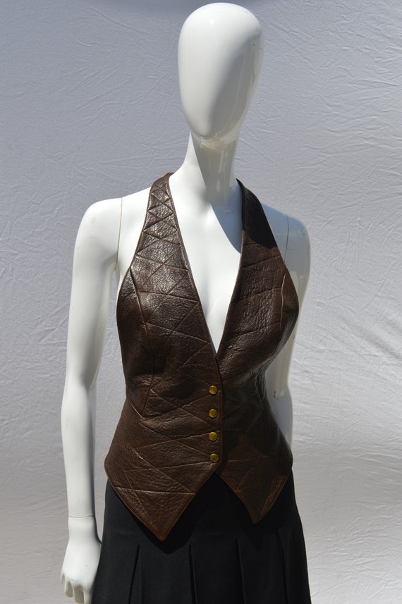 Vintage 80's LEATHER top blouse sexy backless ves… - image 9