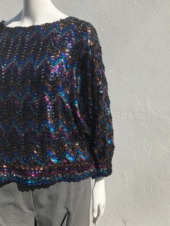 Vintage 70's DISCO sequin blouse top party knitte… - image 2