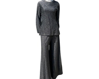 Vintage 70's DISCO bell bottom pants and top set ensemble palazzo pants by LOLL EASE and embellished tunic top size M partt pantsuit