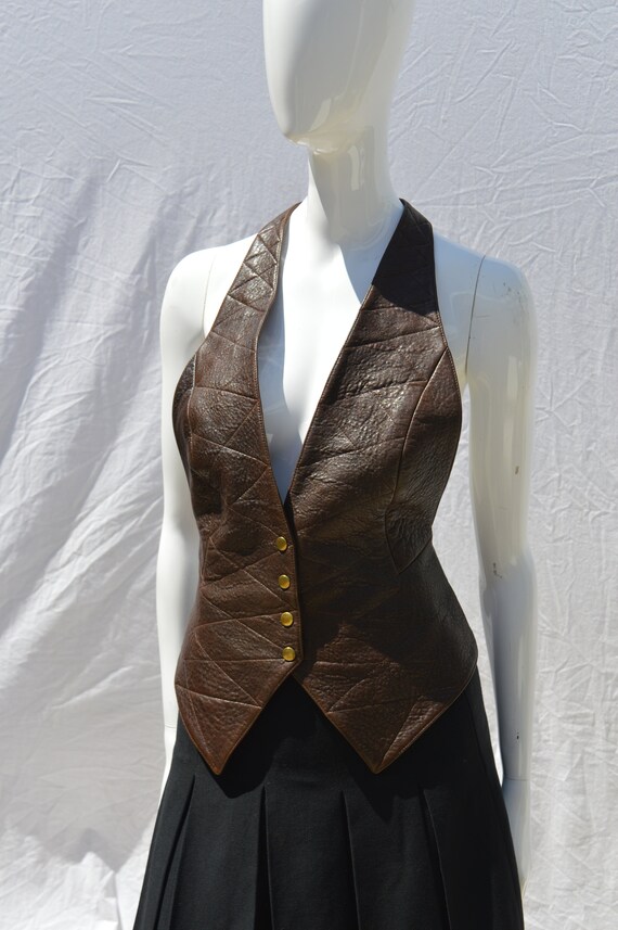 Vintage 80's LEATHER top blouse sexy backless ves… - image 4