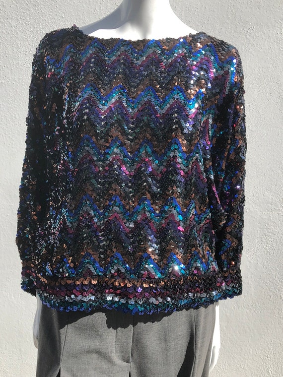 Vintage 70's DISCO sequin blouse top party knitte… - image 5