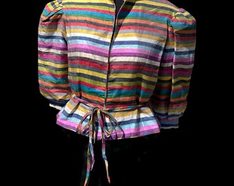 Vintage jaren '80 TALLY BOUTIQUE NYC zijde gestripte korte bolero jas regenboogkleuren en ballonmouwen chique leuke avant-garde