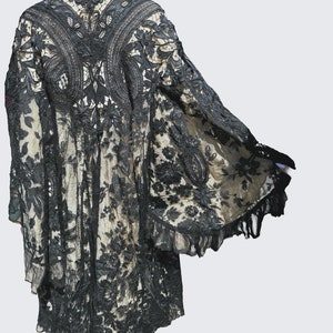Antique victorian lace and silk black coat overcoat Edwardian coat large bell sleeves embroidered fab