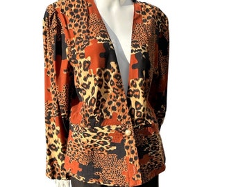 vintage 80s deep V blouse top jacket long sleeve animal print novelty print size L
