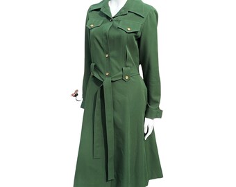 Vintage 70s ALBERT NIPON dark green military style dress shirtdress size small