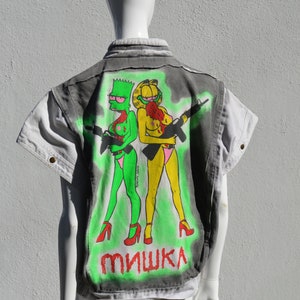 Handgemaltes Vintage-Jeanswesten-Kunstwerk aus den 80er Jahren von PENELOPE GAZIN UNISEX Größe L Original einzigartig Bild 1