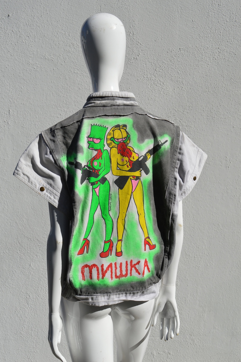 Hand painted Vintage 80's denim vest artwork by PENELOPE GAZIN UNISEX size L Original one of the kind image 1