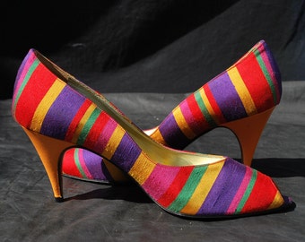 Vintage 70's shoes ANDREA CARRANO silk rainbow shoes pumps open toe high heels size 38 usa 7 1/2 by thekaliman