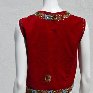 Vintage 70's HAND EMBROIDERED red velvet vest size M floral beaded border folk dance Hungarian image 6