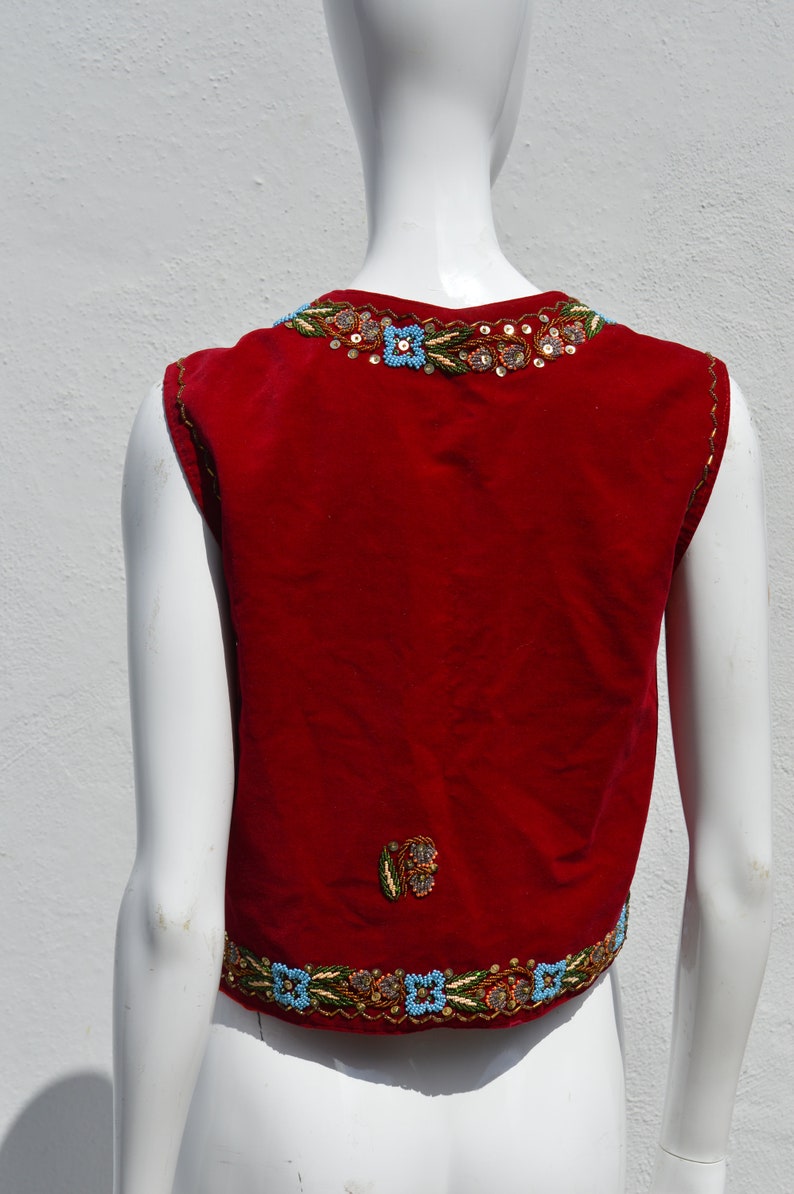 Vintage 70's HAND EMBROIDERED red velvet vest size M floral beaded border folk dance Hungarian image 6