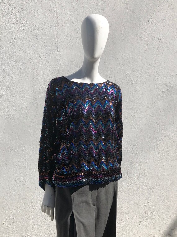 Vintage 70's DISCO sequin blouse top party knitte… - image 4