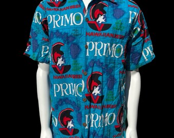 Vintage 70s PRIMO BEER Hawaiian Shirt by Go Barefoot Cotton Size 