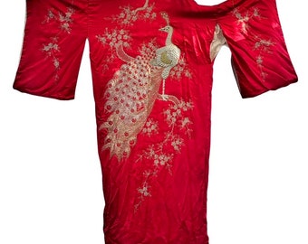 Vintage 20s RED silk KIMONO Antique handmade Large Gold and silver couching embroidery PEACOCK and cherry tree