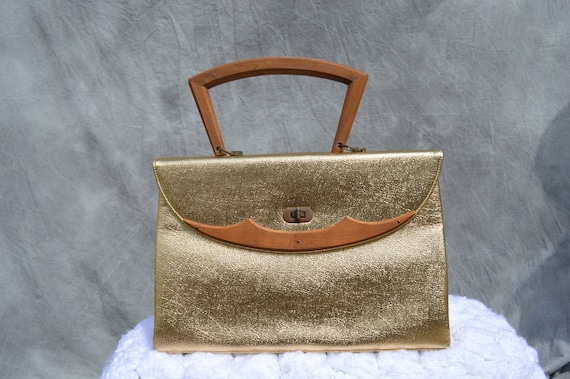 Vintage 50-60's EXCEL MFG Co gold lame and wood h… - image 1