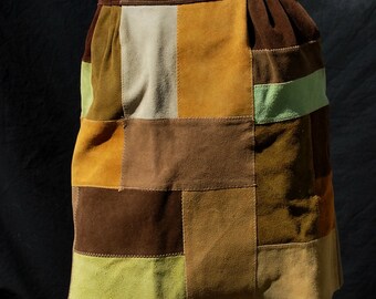 Vintage leather skirt 70's mini patchwork suede skirt hippie sexy folk art one of the kind skirt Sm by thekaliman