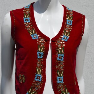 Vintage 70's HAND EMBROIDERED red velvet vest size M floral beaded border folk dance Hungarian image 10