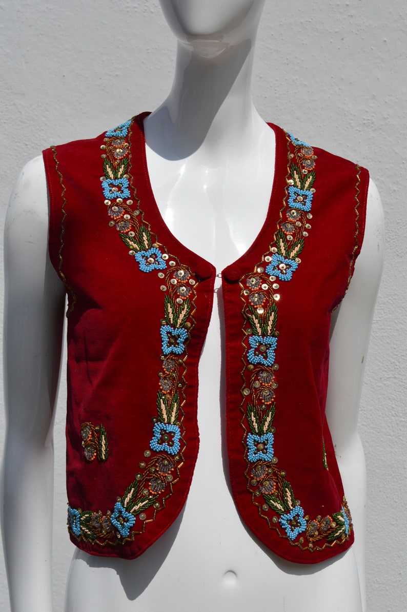 Vintage 70's HAND EMBROIDERED red velvet vest size M floral beaded border folk dance Hungarian image 10