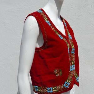 Vintage 70's HAND EMBROIDERED red velvet vest size M floral beaded border folk dance Hungarian image 5