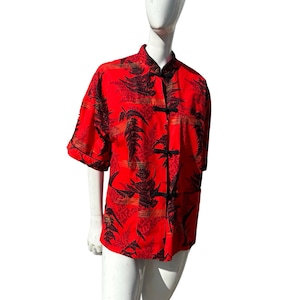 Vintage 60s WAIKIKI SPORTS Honolulu Chinese inspired Hawaiian top blouse shirt women’s large East meets west design Hawaii mod