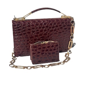 Bolsa de mano de los 70s de falso cocodrilo con cartera para monedas y billetes