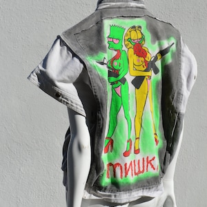 Hand painted Vintage 80's denim vest artwork by PENELOPE GAZIN UNISEX size L Original one of the kind zdjęcie 9