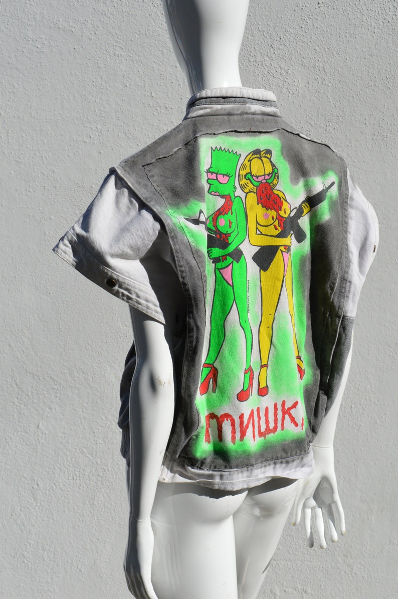 Hand painted Vintage 80's denim vest artwork by PENELOPE GAZIN UNISEX size L Original one of the kind zdjęcie 9