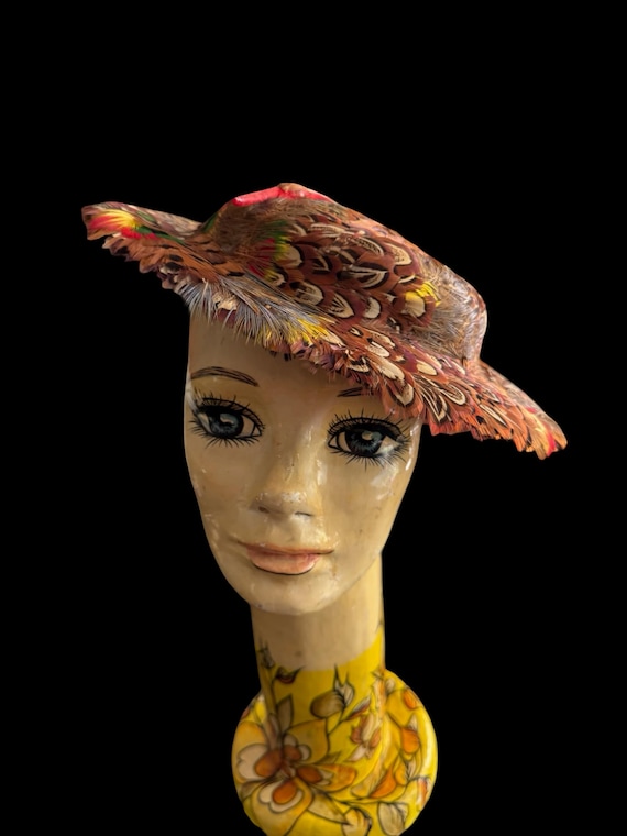 Vintage 40-50s Pheasant Feather Hat Cap Multicolor Feather  display picture 1