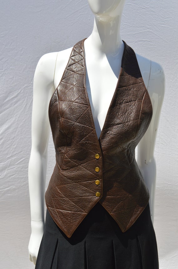 Vintage 80's LEATHER top blouse sexy backless ves… - image 1