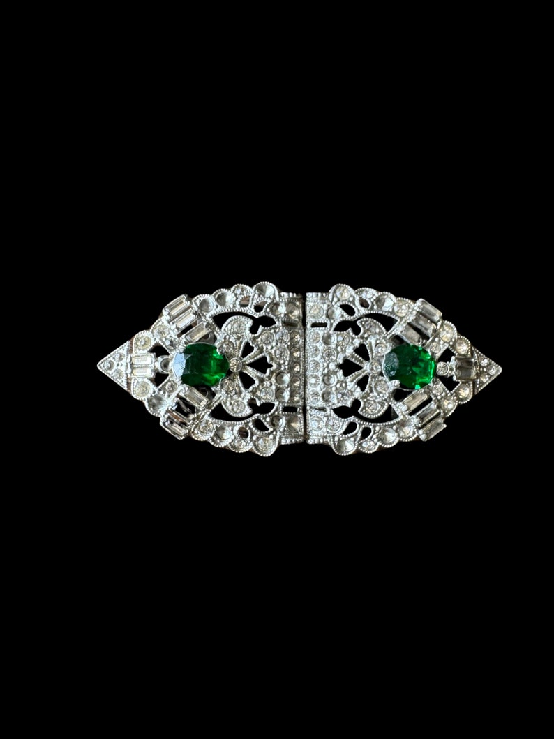 Vintage art deco belt buckle green stones and rhinestones 30-40s belt buckle image 5