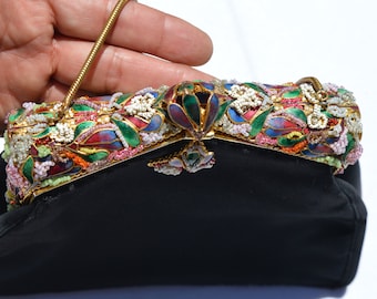 Bolsa de mano Vintage de los 50-60's elegante de noche con trabajo de enamel and decorada con canutillo