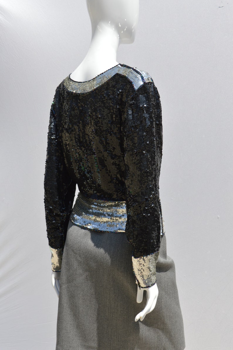 Vintage 70s YSL Yves Saint Laurent Rive Gauche DISCO Sequin top blouse size small party black and silver sequins iridescent beads image 6