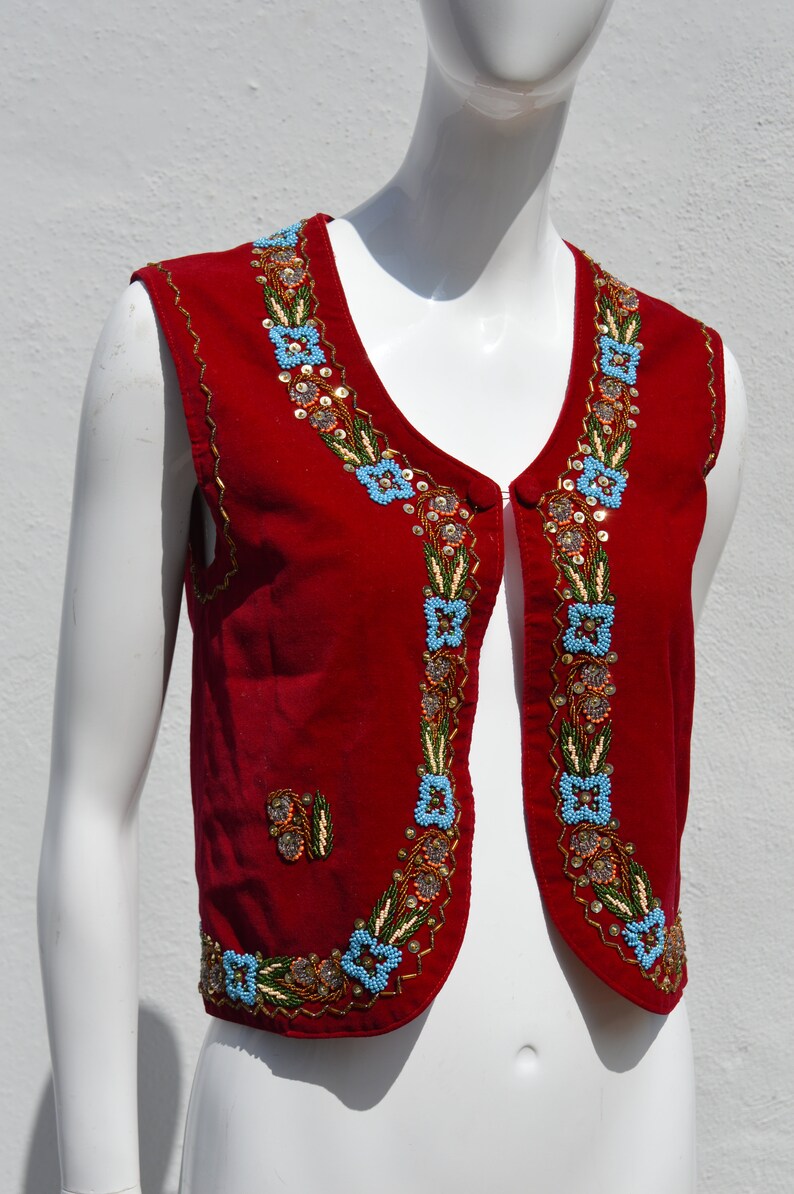 Vintage 70's HAND EMBROIDERED red velvet vest size M floral beaded border folk dance Hungarian image 2