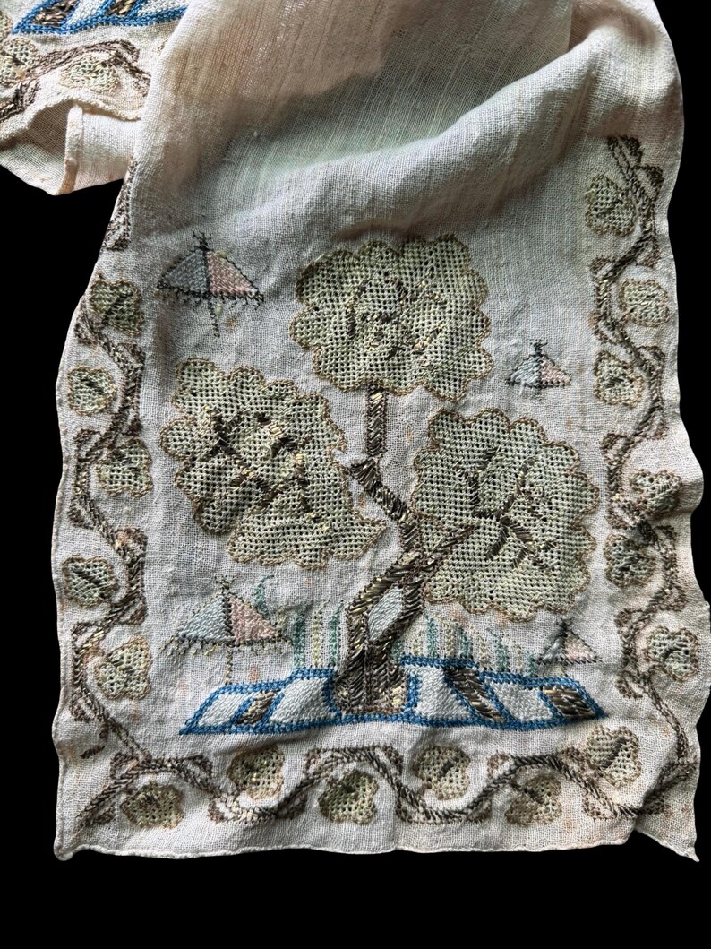 Vintage Art Deco embroidered scarf gold thread beach landscape 20s lien summer image 12