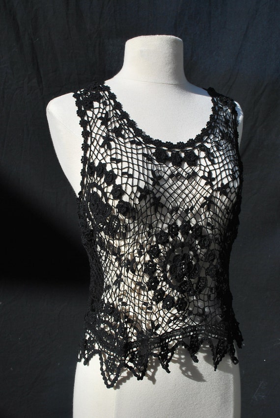 Vintage 80's hand crocheted top blouse sexy see tr